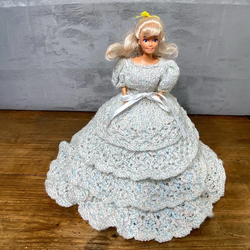 Vintage Barbie OOAK Handmade White Knit Crochet Ballgown Dress Petticoat 11 in